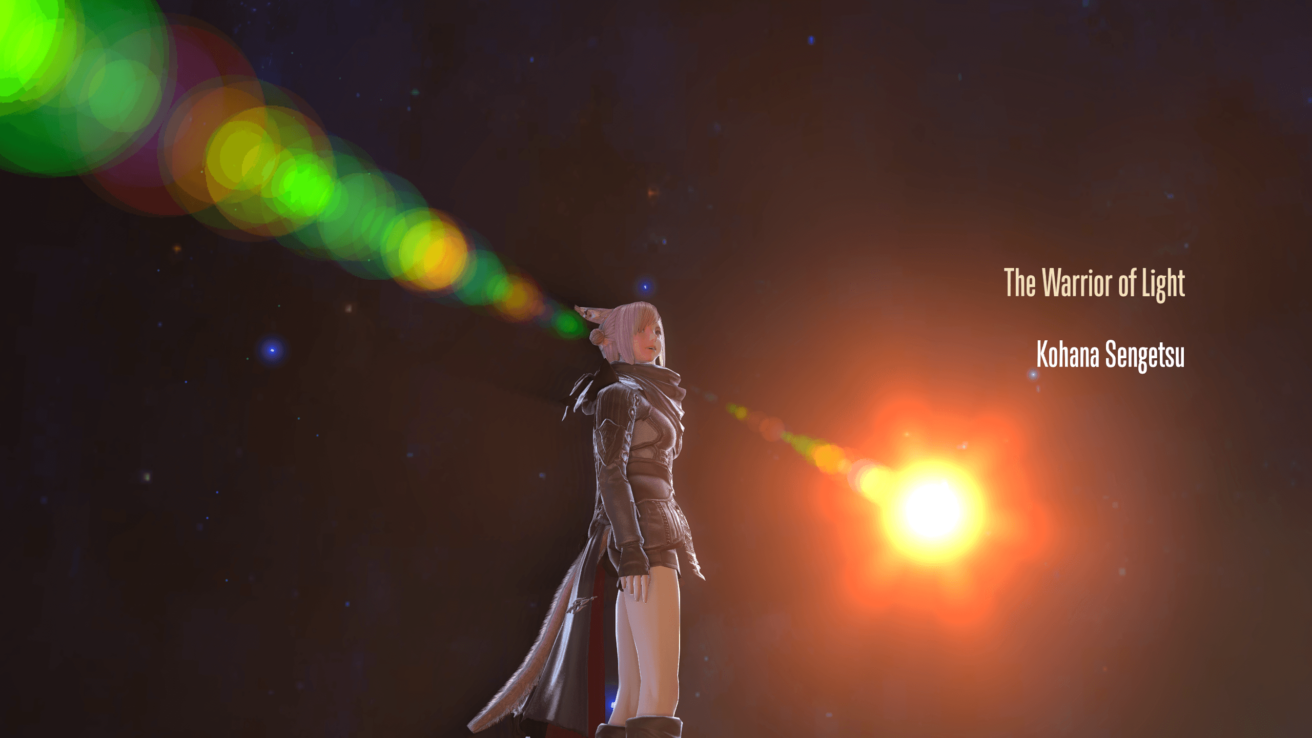 Kohana Sengetsu, FFXIV player character, looking behind her shoulder in space while a star is shining