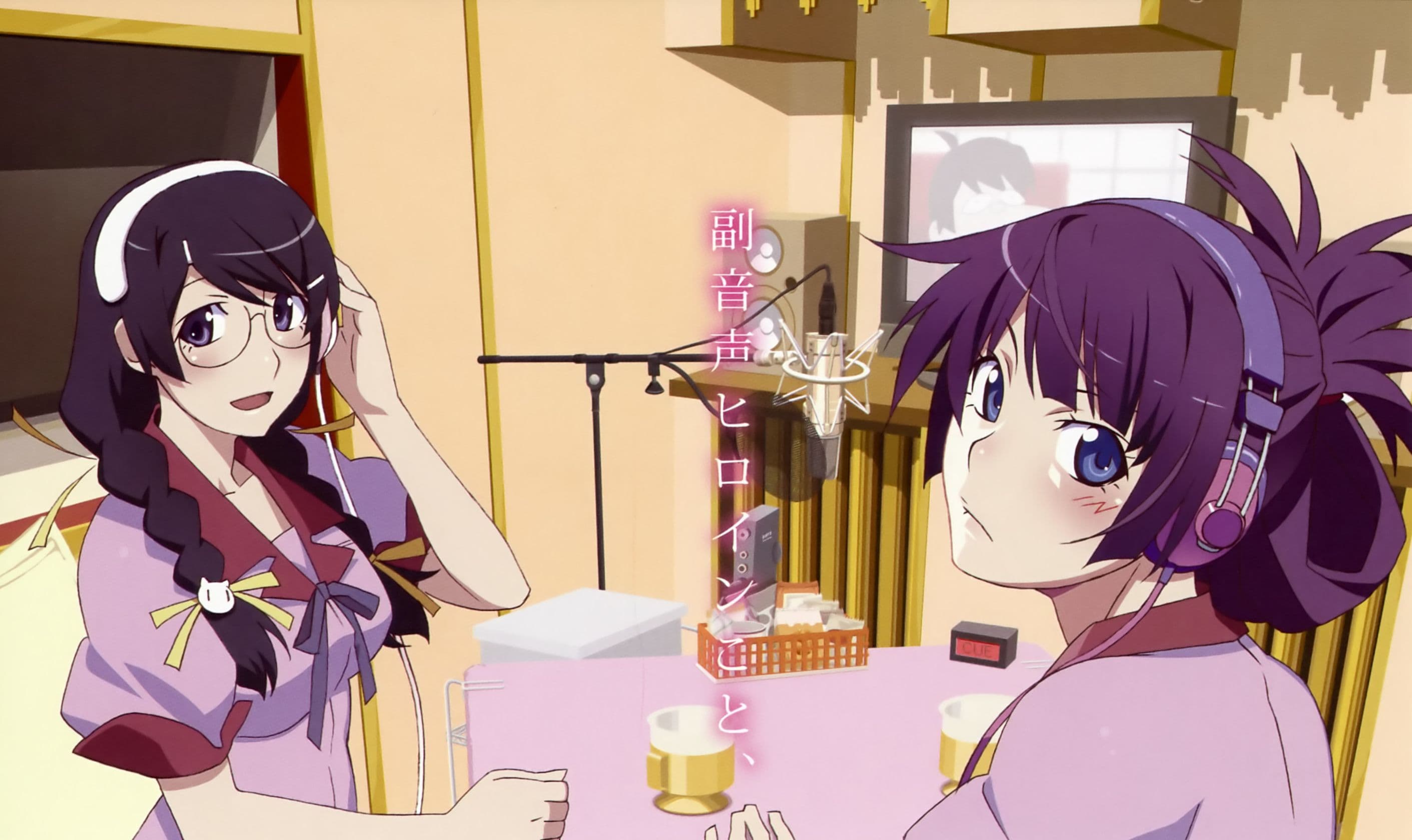 Hitagi and Tsubasa in a recording booth
